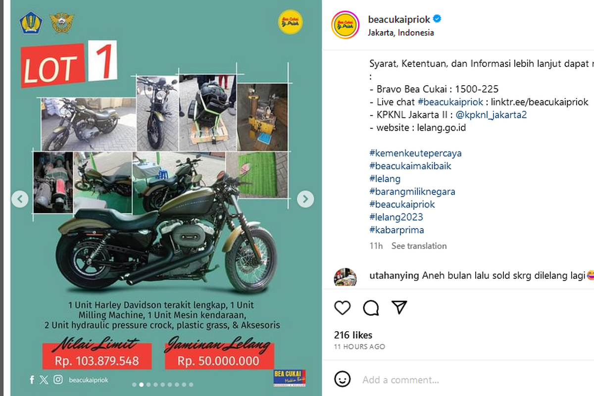 Lelang Harley-Davidson Sportster di Bea Cukai Priok