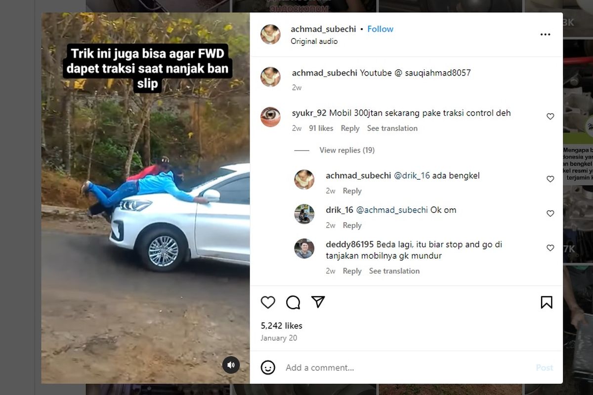 Suzuki Ertiga menanjak dengan membawa dua orang di kap mobil. Tujuannya agar ban depan mendapat traksi lebih.