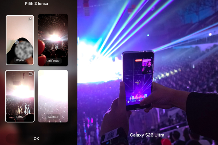 Samsung Galaxy S26 Ultra menyediakan beberapa opsi kombinasi lensa pada fitur Dual Record, mulai dari kamera ultra-wide, wide, hingga telefoto.
