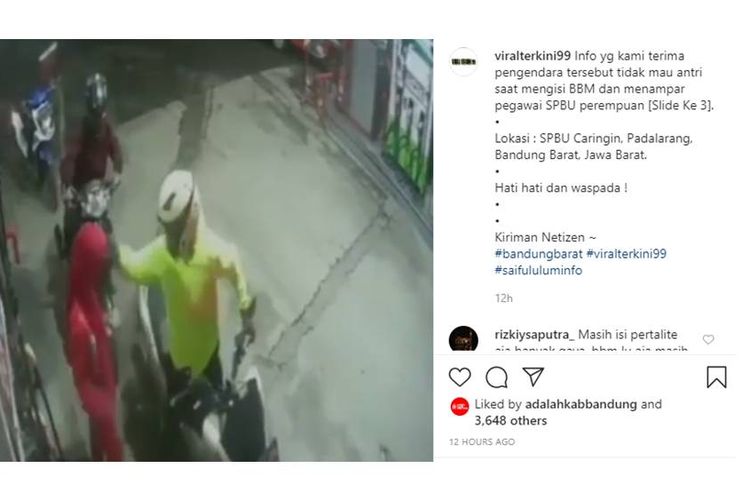 Tangkapan layar video yang menampilkan seorang pengendara motor nampak menampar petugas SPBU di Padalarang, Jawa Barat.