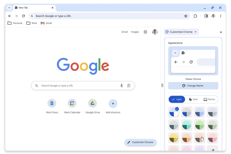 Google Chrome versi baru menghadirkan menu Light mode dan Dark mode di pengaturan kustomisasi