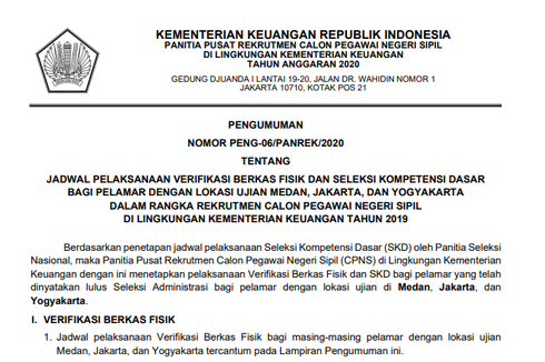 Jadwal Verifikasi Berkas Fisik dan SKD CPNS Kemenkeu di Medan, Jakarta, dan Yogyakarta