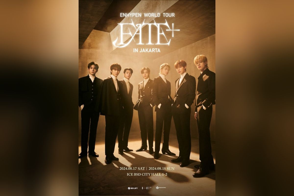 Poster tur perdana Enhypen yang bertajuk ENHYPEN World Tour: Fate Plus in Jakarta di ICE BSD, Tangerang pada 17-18 Agustus 2024.
