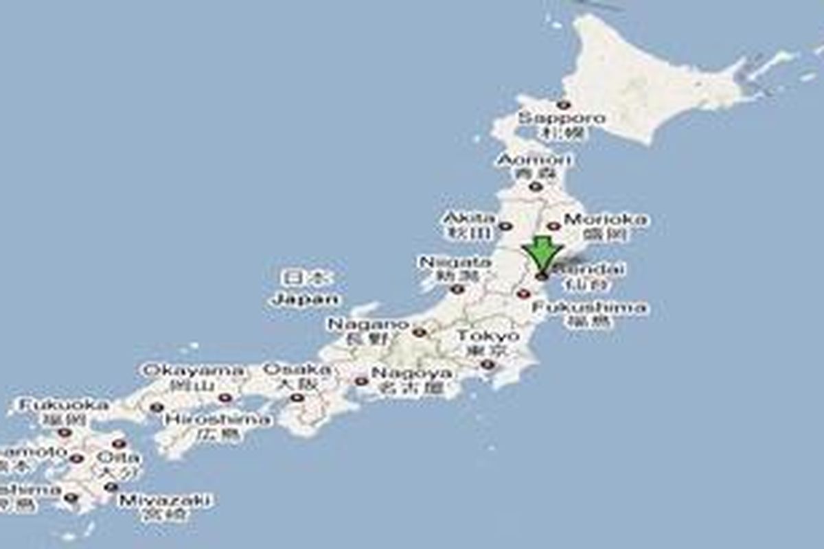 Kota Sendai di Pulau Honshu dalam peta. Guncangan gempa berkekuatan 8,9 yang menyebabkan tsunami di kawasan pantai timur Pulau Honshu, Jepang pada Jumat (11/3/2011) pukul 2:46:23 PM waktu Tokyo atau pukul 12:46:23 PM waktu Jakarta, terasa di beberapa kota dan prefektorat seperti Tokyo dan Aomori.   