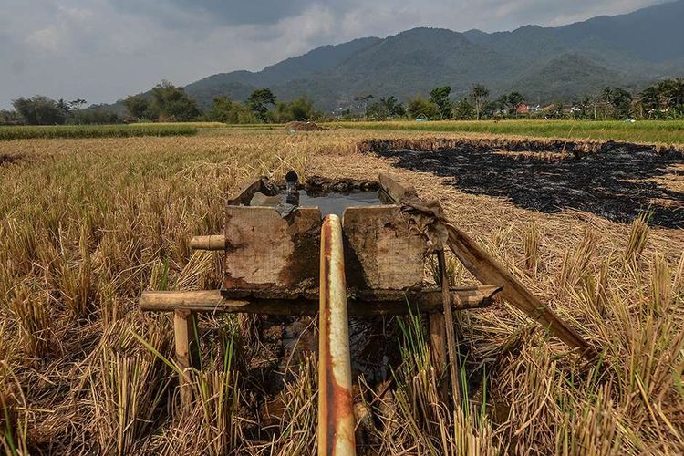 Foto dirilis Jumat (1/11/2019), memperlihatkan tempat penampungan air dari kincir air untuk pengairan areal sawah di Desa Manggungsari, Kabupaten Tasikmalaya. Bagi petani di kawasan tersebut, kincir air menjadi jalan keluar untuk mengairi lahan persawahan yang terancam puso alias gagal panen kala musim kemarau.