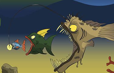 ilustrasi gambar anglerfish dan mangsanya.