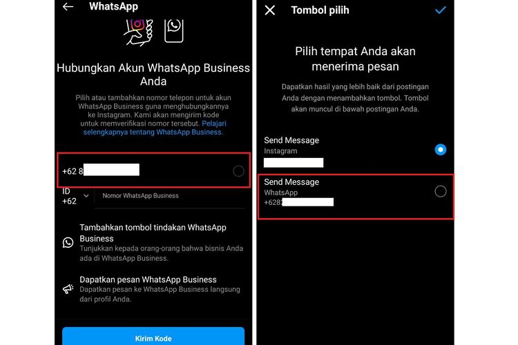 Cara menambahkan chat WhatsApp  di postingan Instagram selanjutnya adalah dengan mengeklik opsi WhatsApp, lalu kirim kode.