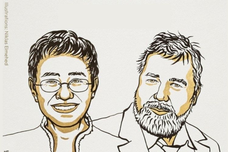 Peraih Nobel Perdamaian 2021 Maria Ressa (Filipina) dan Dmitry Muratov (Rusia).