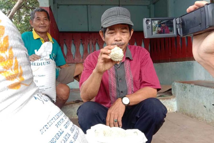 Warga menunjukkan beras bantuan PPKM yang kondisinya tidak layak di Kabupaten Pandeglang, Banten, Kamis (5/8/2021).