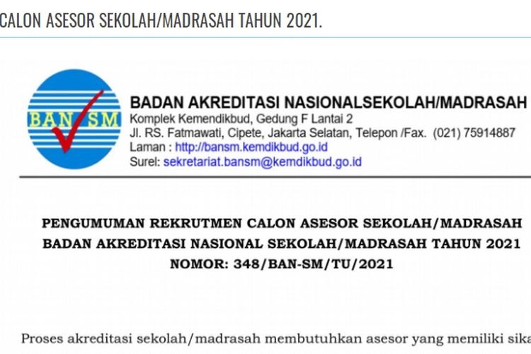 Tangkapan layar terkait lowongan kerja menjadi calon asesor sekolah dan madrasah di Kemendikbud.