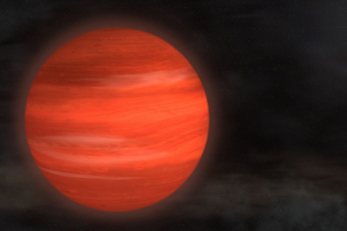 Ilustrasi Kappa Andromedae b. Salah satu planet terbesar di alam semesta, memiliki massa 13 kali massa Jupiter, termasuk exoplanet Jupiter super yang bersinar dengan warna kemerahan.