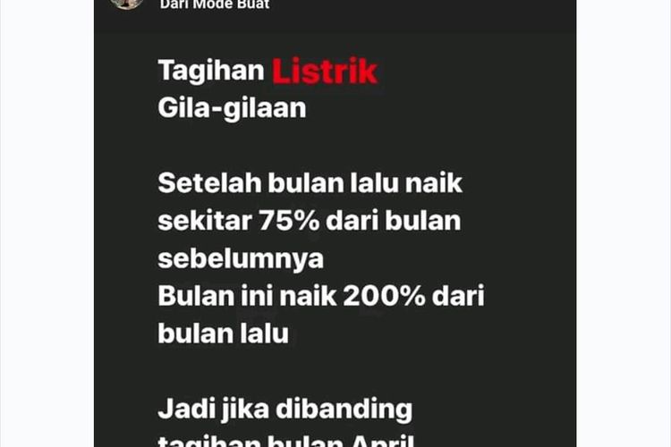 Potongan gambar postingan Bupati Probolinggo tentang naiknya tagihan listrik yang dialami.