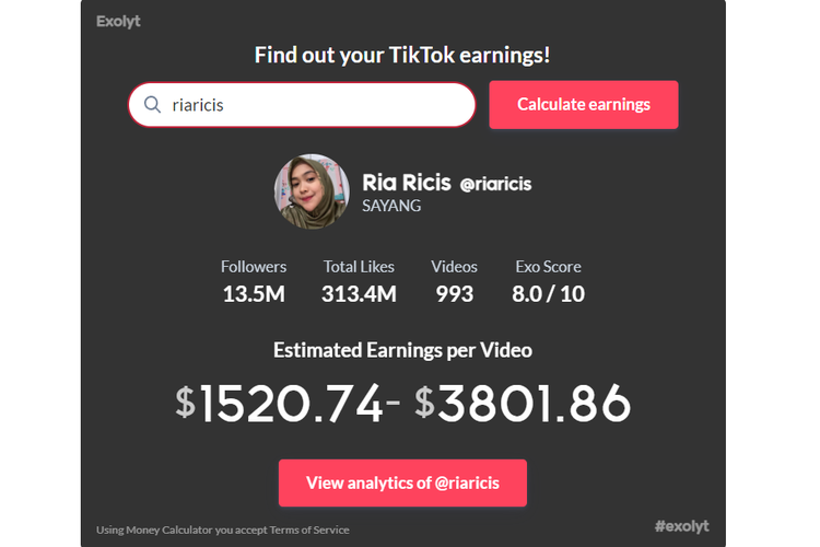 Exolyt adalah salah satu tool analitik yang bisa digunakan untuk menghitung estimasi penghasilan yang diperoleh suatu akun TikTok