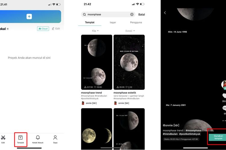 Ilustrasi cara mencari dan menggunakan templat video moon phase yang tersedia di CapCut.