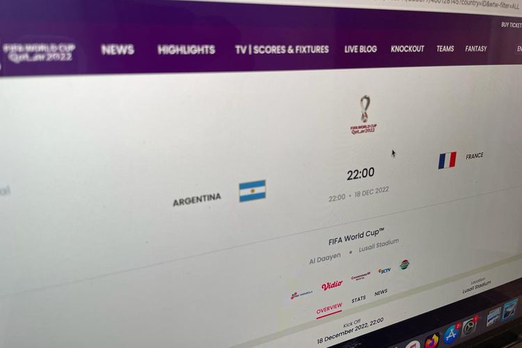 Tampilan jadwal final Piala Dunia 2022 antara Argentina vs Prancis di website fifa.com.