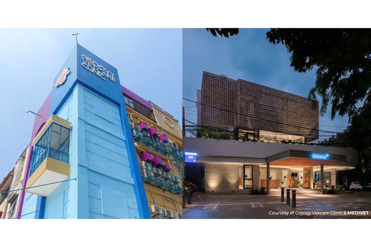 Gedung Groovy Vetcare Clinic (kiri) dan MEDIVET Pet Hospital Kebayoran Baru (kanan).