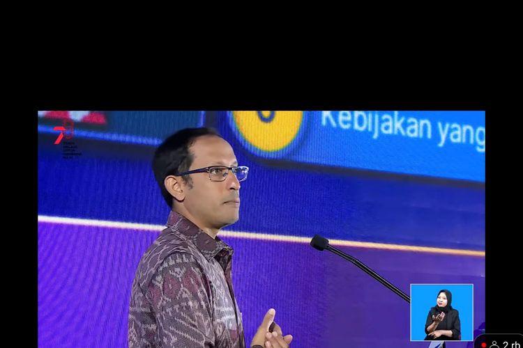 Mendikbud Nadiem Makarim saat meluncur Merdeka Belajar Episode ke-25, Permendikbud Ristek PPKSP, Selasa (8/8/2023). 