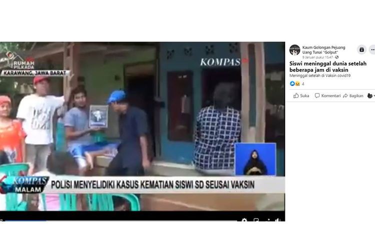 Tangkapan layar unggahan dengan narasi yang menyebut seorang siswi meninggal dunia setelah divaksin Covid-19.