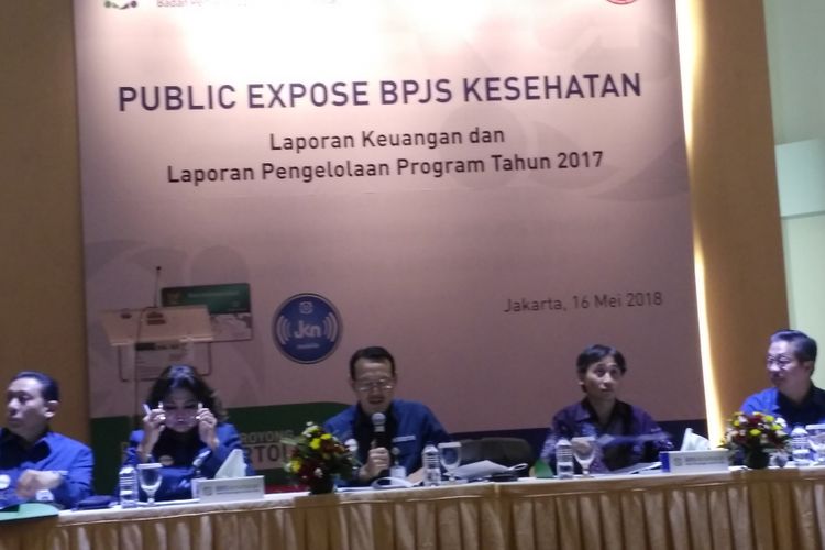 Direksi BPJS Kesehatan memaparkan laporan kinerja keuangan tahun 2017 di Kantor Pusat BPJS Kesehatan, Jakarta, Rabu (16/5/2018).