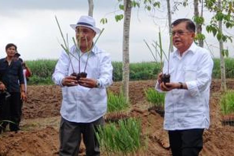Ketua APTRI, Arum Sabil, bersama calon wakil presidenm Jusuf Kalla, saat akan melakukan penanaman simbolik dua bibit tebu, Selasa (17/4/2014)