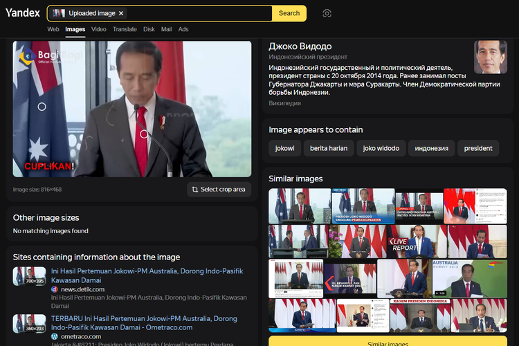 Tangkapan layar pencarian gambar di Yandex, menampilkan Presiden Joko Widodo (Jokowi) saat berpidato dalam Annual Leaders Meeting (ALM) di Taronga Center, Sydney pada 4 Juli 2023.