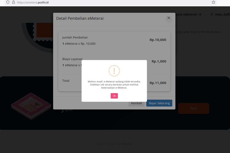 Tampilan layanan pembelian e-meterai yang masih belum tersedia di website Posfin, pada hari Kamis (5/9/2024), sekitar pukul 16.00 WIB.