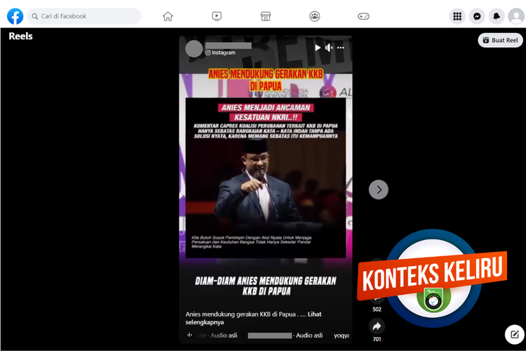 Tangkapan layar unggahan dengan konteks keliru di sebuah akun Facebook, yang menyebut Anies Baswedan mendukung KKB Papua.