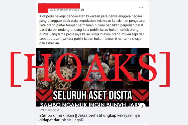 Tangkapan layar Facebook narasi yang menyebut bahwa Ferdy Sambo dimiskinkan dan seluruh asetnya disita