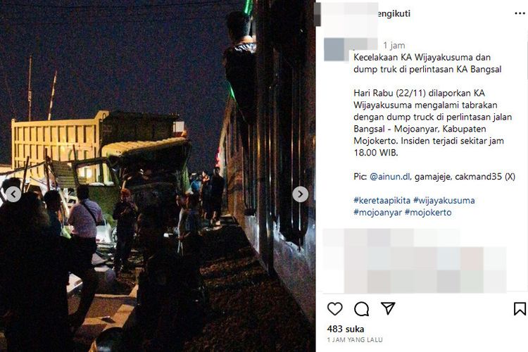 Tangkapan layar foto kereta api (KA) Wijaya Kusuma mengalami tabrakan dengan dump truck di Mojokerto.