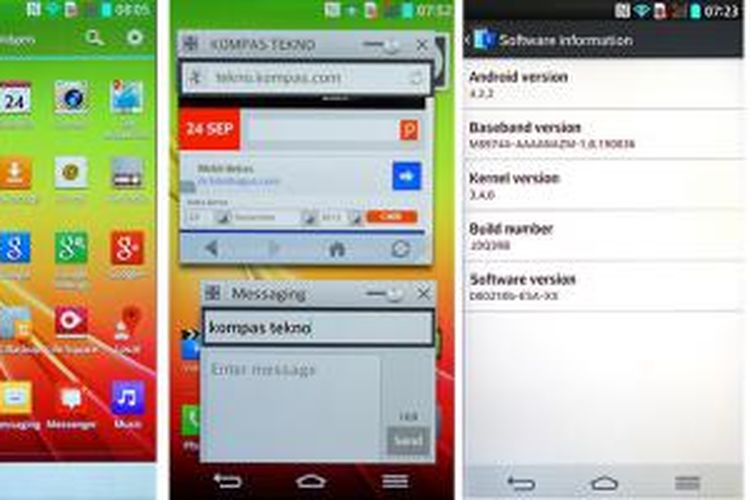 Tampilan interface LG G2 (kiri) dan window multi-tasking QSlide (tengah)