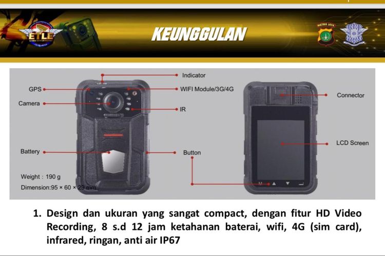 Direktorat Lalu Lintas Polda Metro Jaya kembali menyediakan alat komunikasi berteknologi tinggi bagi anggota yang bertugas di lapangan. Kamera portabel itu biasa disebut body camera. 