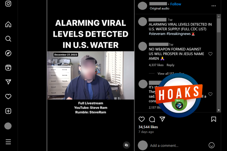 Tangkapan layar konten hoaks di sebuah akun Instagram, 28 Desember 2023, soal adanya virus corona penyebab Covid-19 dalam pasokan air di AS.