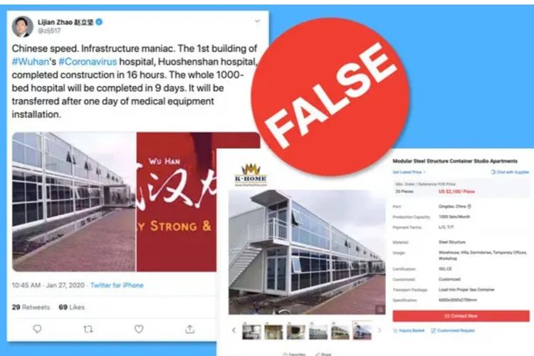 Tangkapan layar tweeter Lijian Zhao mengenai gambar Rumah Sakit Pasien Corona Wuhan, China.