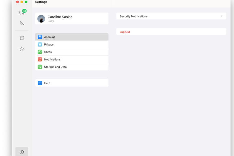Tampilan menu Settings aplikasi baru WhatsApp di macOS