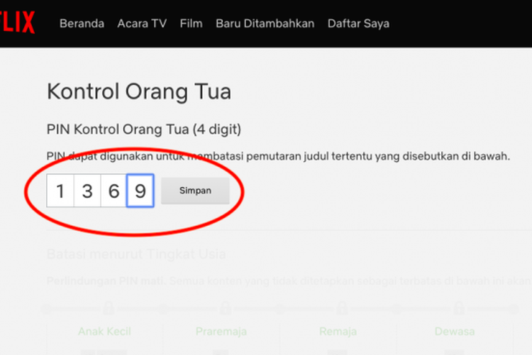 Ilustrasi PIN pada pengaturan Kontrol Orang Tua
