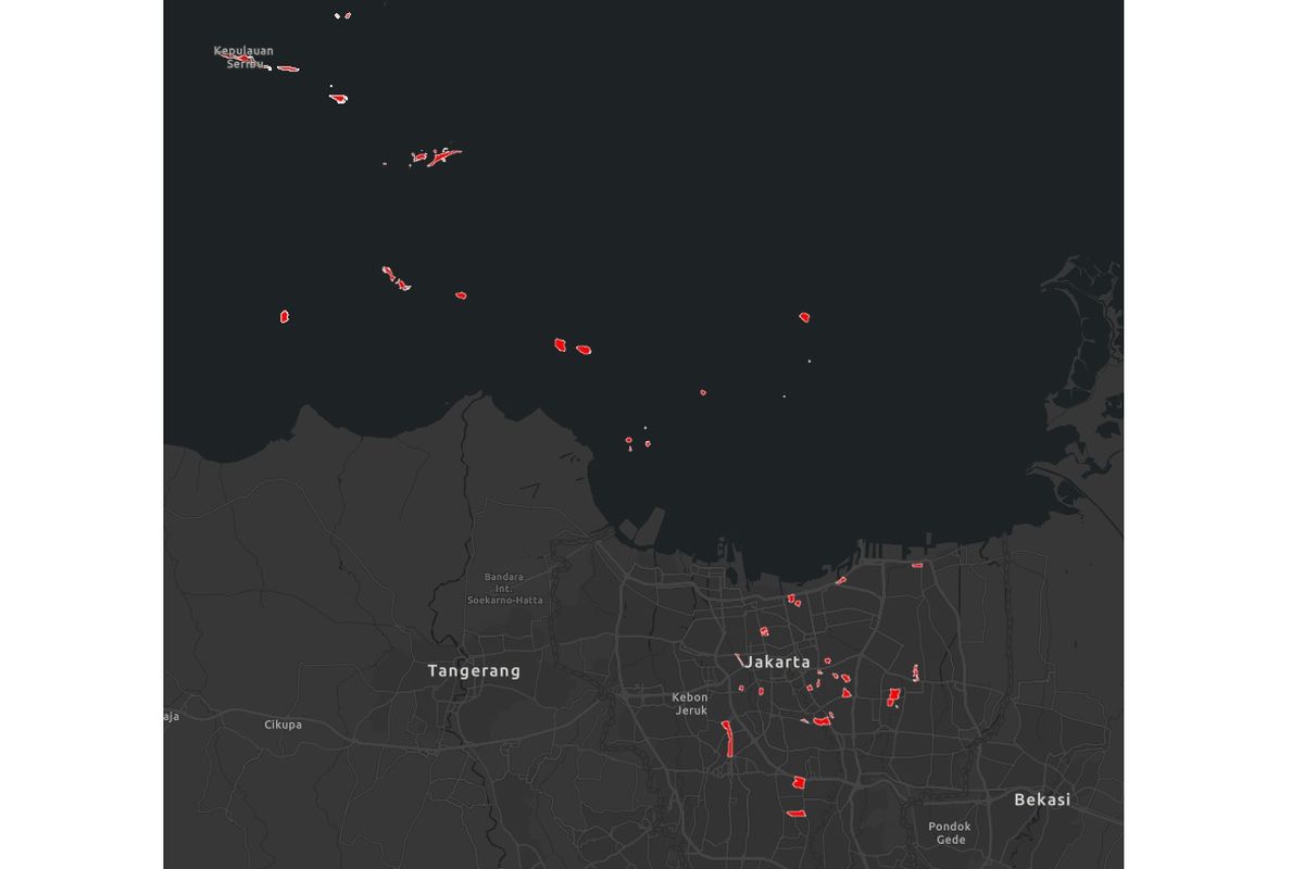 Peta sebaran 33 RW zona merah penularan Covid-19 di Jakarta per 23 Juli 2020.