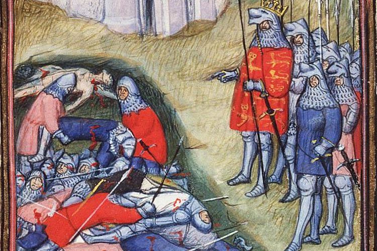 Ilustrasi Edward III menghitung korban yang tewas dalam pertempuran Crecy