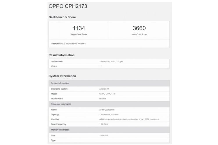 Tangkapan layar skor benchmark Geekbench Oppo Find X3 dengan nomor model CPH2173