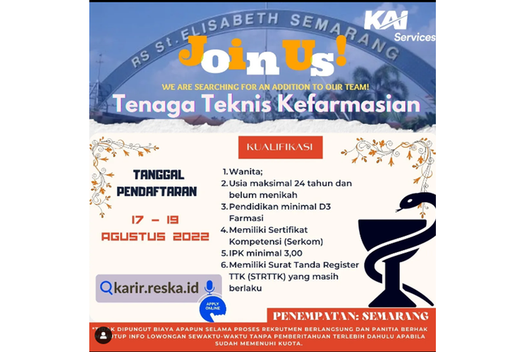 Tangkapan layar unggahan akun Instagram @rmu.career mengenai info lowongan kerja di anak usaha PT Kereta Api Indonesia (KAI), KAI Services.
