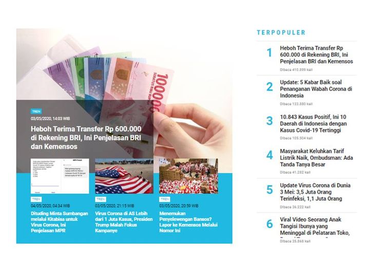 Berita mengenai transfer Rp 600.000 menjadi salah satu berita yang banyak dibaca pada Minggu (3/5/2020).