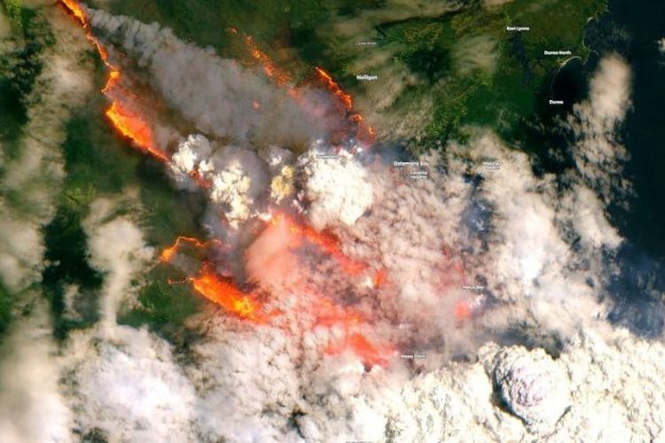 Citra satelit juga menangkap asap pekat yang mengepul hasil dari kebakaran di Austrlia, Selasa (31/12/2019) .