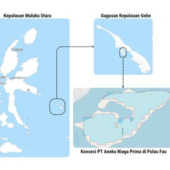 Peta konsesi tambang nikel di Pulau Fau, Gugusan Kepulauan Gebe, Halmahera Tengah, Maluku Utara. 