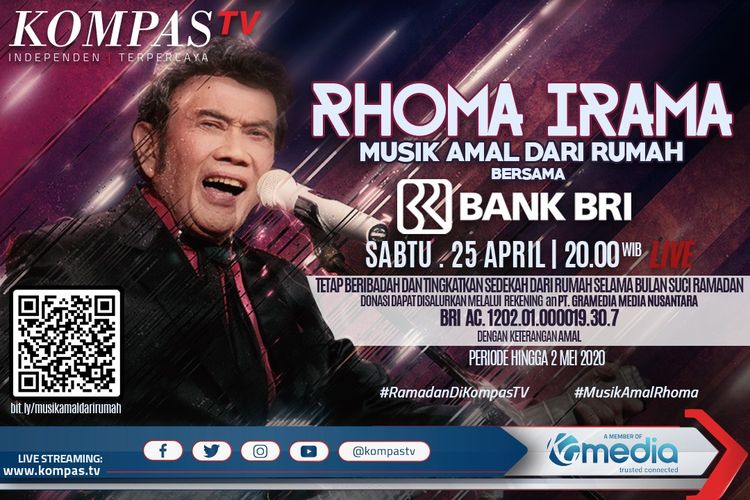 KompasTV menggelar Rhoma Irama, Musik Amal dari Rumah. Konser bertema Perjuangan dan Doa tersebut akan ditayangkan secara live di KompasTV pada Sabtu (25/4/2020) mulai pukul 20.00 WIB.