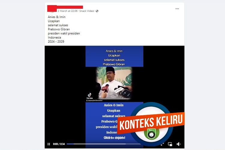 Tangkapan layar Facebook narasi yang menyebut Anies dan Muhaimin mengucapkan selamat atas terpilihnya Prabowo dan Gibran sebagai presiden-wakil presiden