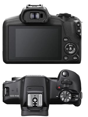 Bagian belakang dan top plate dari Canon EOS R100