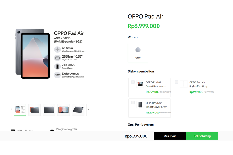 Tiga aksesori pelengkap Oppo Pad Air, yaitu smart keyboard, smart cover, dan stylus pen sudah bisa dibeli di Indonesia. Ada harga diskon Rp 100.000 untuk masing-masing aksesori bila disertai dengan pembelian Oppo Pad Air.