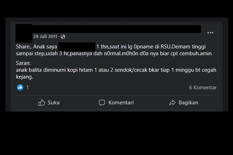 Tangkapan layar hoaks kopi hitam cegah kejang-kejang pada bayi