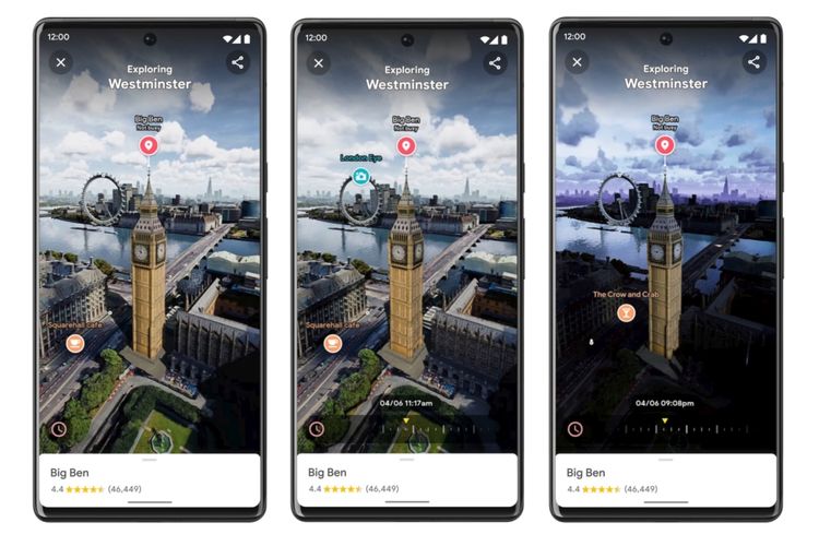 Dengan mode Immersive View, pengguna bisa melihat Big Ben di berbagai macam suasana. Caranya dengan menggeser ikon jam di pojok kiri bawah layar.