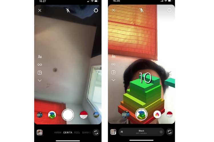 Ilustrasi cara menggunakan filter Stack di Instagram.