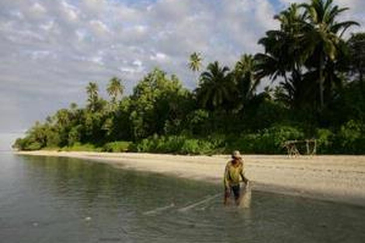 Nelayan Desa Banjarsari, Kecamatan Enggano, Kabupaten Bengkulu Utara, Begkulu mencari ikan dengan jala ditepi pantai.
